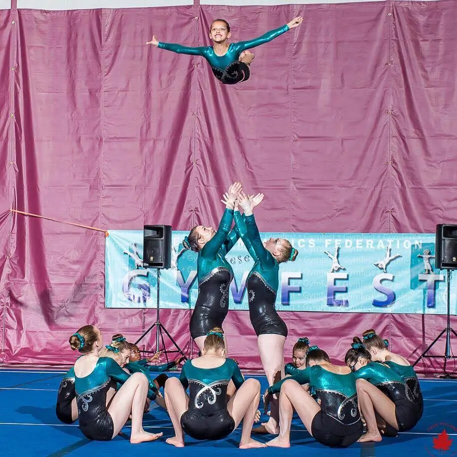 Edmonton Acrobatic Gymnastics group performing an acrobatic toss at Gymfest